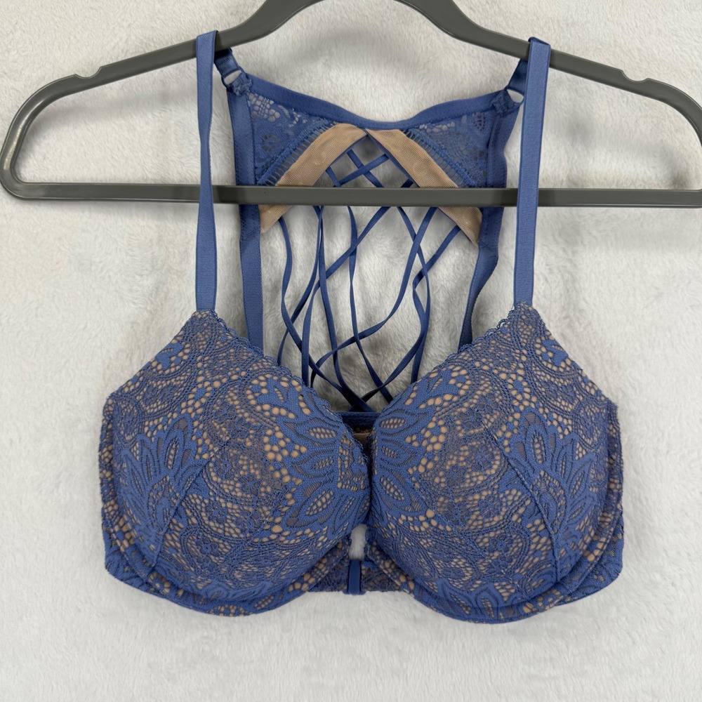 Victoria's Secret Very Sexy Push Up Bra 32DD/E70 Blue Lace Criss Cross Back‎